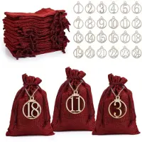 LIHAO Adventskalender zum Befüllen – Set mit 24 Stück – Jutebeutel – Rot – Weihnachtsgeschenkbeutel – Mit Zahlen – Holzdeko