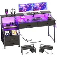 OEM Computerbureau mit 4 Schubladen, LED, Steckdosen, schwarz
