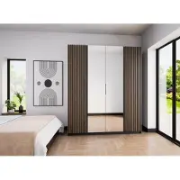 AX Living Nehir Kleiderschrank 200 cm Korpus Schwarz, Front Eiche Evoke/Schwarz, Lamellen außen, Spiegel mittig