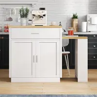Flieks Kücheninsel mit ausziehbarem Esstisch und Schubladen, Küchentisch mit Steckdose, Aufbewahrungsschrank und Regale, 188*55*92cm, Weiß+Natur, MDF