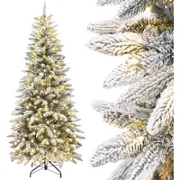 SURIGHT Schlanker, künstlicher Weihnachtsbaum mit Beleuchtung – LED-Tannenbaum für Weihnachtsdekoration – Bedeckt mit weißem Schnee – Schmaler Aufbau – Weiß