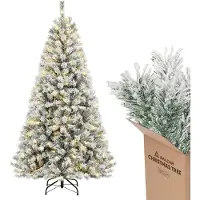 SURIGHT Künstlicher Weihnachtsbaum mit Beleuchtung – Weiß – 180 cm – Tannenzapfen mit künstlichem Schnee – Handschuhe und 250 LEDs