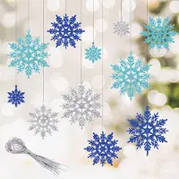 Generisch Weihnachts-Schneeflocken-Dekorationen – Set mit 30 Stück – Glitzernde, hängende Schneeflocken für Weihnachtsbaum und Girlande – Hellblau – Silber