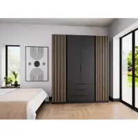 AX Living Nehir Kleiderschrank 200 cm Korpus Schwarz, Front Schwarz/Eiche Evoke, 2 Lamellentüren außen, 3 Schubladen