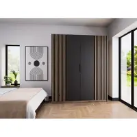 AX Living Nehir Kleiderschrank 200 cm Korpus Eiche Evoke, Front Schwarz/Eiche Evoke, 2 Lamellentüren außen