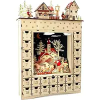 Merkloos Adventskalender Holz Winterwunderland - Filigranes Schnitzwerk - LED-Beleuchtung - 24 Schubladen - 34 x 7,5 x 52 cm