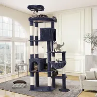 Merkloos Kratzbaum Katzenbaum Katzenkletterturm - 213 cm - Dunkelgrau - 2 Höhlen - Stabil für große Katzen