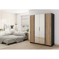 AX Living Nehir Kleiderschrank 200 cm Schwarz/Eiche Evoke, 2 Spiegel mittig