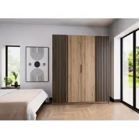 AX Living Nehir Kleiderschrank 200 cm Korpus Eiche Evoke, Front Eiche Evoke/Schwarz, 2 Lamellentüren außen
