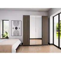 AX Living Nehir Kleiderschrank 200 cm Korpus Schwarz, Front Schwarz/Eiche Evoke, Lamellen außen, Spiegel mittig