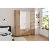 AX Living Nehir Kleiderschrank 200 cm Eiche Evoke, 2 Spiegel mittig, 3 Schubladen