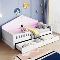 ALFORIGO Kinderbett 90x200 cm mit LED-Lichtleiste, 2 Schubladen und Lattenrost, Multifunktionsbett aus Kiefernholz, Sperrholz und MDF, Weiß/Grau