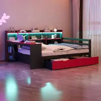 ALFORIGO Multifunktionsbett 140x200 cm mit Schreibtisch, LED, Steckdosen, USB, Bücherregal und 2 Schubladen, Kiefernholz/MDF, Schwarz-Rot