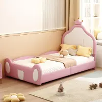 ALFORIGO Kinderbett 90x200 cm, Polsterbett mit Kronen-Kopfteil, zweifarbiges Design, Kunstleder, 12 Lamellen, Weiß/Rosa