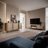 Lomadox Wohnzimmer Set 2-teilig in Eiche mit Rillenfront & abgerundete Seiten, Lowboard und Sideboard – LEVALA-167