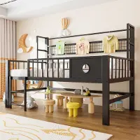 ALFORIGO Kinderbett 90x200 cm, niedriges Hochbett mit Metallrahmen, Stauraum, Kleiderstange, Netzablage und Sicherheitsgitter, Schwarz