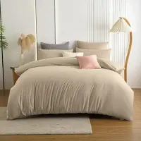 Merkloos Bettbezug-Set in Sandbeige, 220 x 240 cm, mit 2 Kopfkissenbezügen (80 x 80 cm) und Reißverschluss