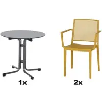 Siena Garden Gartensessel "Square Sessel mustard 2er Set mit Tisch", mustard, B:57cm H:82cm T:56cm, Sessel, Gartensessel, 2 x Stapelsessel + Tisch Sola Ø 80 cm