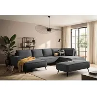 Otto Home Wohnlandschaft "TVINNU Cord, 360 cm", grau (anthrazit), B:360cm H:83cm T:195cm, Sofas, Wohnlandschaft, Recamiere rechts/links, schwarze Metallfüße, bequeme Sitz-/Liegefläche