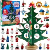 Joyin Weihnachts-Adventskalender mit 24 Tagen Countdown mit einem hölzernen Tischweihnachtsbaum und 28 Ornamenten Schneemann
