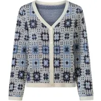 Sieh an! Cardigan SIEH AN "Cardigan Cardigan im Patchwork-Muster", Damen, Gr. 54, bunt (ecru, jeansblau, gemustert), Modisch, V-Ausschnitt, Strickjacken Cardigan