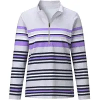 Witt Weiden T-Shirt WITT "Stehkragen-Shirt Poloshirt mit platziertem Ringelmuster", Damen, Gr. 54, lila (hellgrau, lavendel, geringelt), Sportlich, Shirts T-Shirt