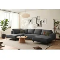 Otto Home Wohnlandschaft "TVINNU Leinenoptik, 354 cm", grau (anthrazit), B:354cm H:83cm T:193cm, Sofas, Wohnlandschaft, Recamiere rechts/links, schwarze Metallfüße, bequeme Sitz-/Liegefläche
