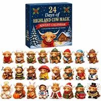 Generisch Adventskalender 24 Tage Highland Cow Magic 24 Sammelfiguren Weihnachtsdeko 2026 24Stk 3D Kuh Weihnachts Kalender Figuren Weihnachtsbaum Schwarz 28x22cm
