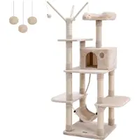 Dripio Kletterbaum XXL, 154 cm, mit Hängematte, Höhle und Sisal, grau/beige