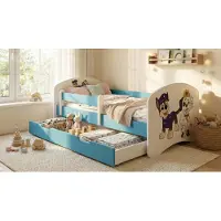 Happy Babies Kinderbett mit Rausfallschutz Junge 160x80 Bett für Kinderzimmer mit Schublade Matratze Einzelbett für Kinder Blau Hundemotiv
