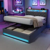 STILVORA Polsterbett 140×200 mit bettkasten,Stauraumbett Boxspringbett mit USB-Anschluss und LED-Licht,Funktionsbett ohne matratze,mit Stauraum,grau
