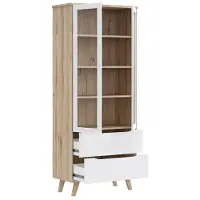 Forte Vitrine "Vankka Stauraumvitrine", weiß (planked eiche, weiß), B:84,7cm H:201,5cm T:42cm, Holzwerkstoff, Schränke, Vitrine, 2 Glastüre, Grifflos, zeitloses Design, 2 Schubkästen