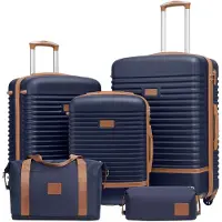 Merkloos Reisekoffer Set Kofferset Hartschalen-Koffer - 5-teilig - ABS - TSA-Schloss - Blau und Braun - Für Reisen und Urlaub