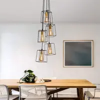 ZMH E27 Pendelleuchte Schwarz 5 Flammen Retro Pendelleuchte Tisch Pendelleuchte Höhenverstellbar Metall Für Schlafzimmer Wohnzimmer Flur