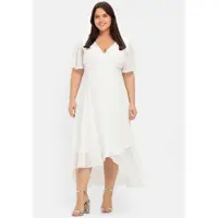 Sheego Wickelkleid "Chiffonkleid Chiffonkleid mit asymmetrischem Saum", Damen, Gr. 48, N-Gr, weiß (sanftes weiß), Elegant, V-Ausschnitt, Kleider Wickelkleid, im Lagenlook, mit Unterkleid