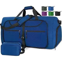 Unyqoos faltbare Reisetasche aus Nylon – große Sport-/Reisetasche mit Schuhfach, YKK-Reißverschluss, verstellbare Schultergurte, Blau, 65/80/100 L (80 L: 72×30×37 cm)