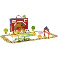 Tooky Toy Holzbauernhof im Koffer, Figuren, Fahrzeuge