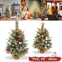 VA-Cerulean Mini Künstlicher Weihnachtsbaum 60 cm mit Beleuchtung – Tischweihnachtsbaum, Tannenbaum & Christbaum mit Schneeflocken und roten Beeren, 60 PE-Zweige, 30 warmweiße LEDs