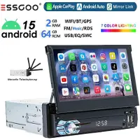 Insta24 Autoradio 1 DIN 7 Zoll Flip Out Touchscreen Android 15 mit Apple Carplay Android Auto GPS Navigation Bluetooth WLAN USB DAB RDS Freisprecheinrichtung