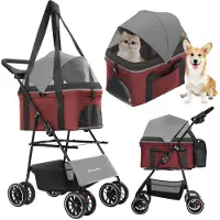 Sonstiges Hundewagen mit Verdeck, 4-rädrig, für kleine/mittelgroße Hunde & Katzen, atmungsaktives Netzgewebe, Getränkehalter, faltbar, Dunkelgrau+Rot