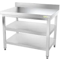 GOLDINOX Arbeitstisch aus Edelstahl, 1000 x 600 mm, mit Rückenverkleidung und 2 PREMIUM-Regalen -