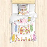KOZMOS TEKSTİL VE GERİ DÖNÜŞÜM SANAYİ TİCARET LİMİTED ŞİRKETİ ABAKUHAUS Osterhase Bettbezug Set, Frohe Ostern Typografie mit netten bunten Ei und Kaninchen Bunting Strickoptik, 135 x 200 cm + 80 x 80 cm, Mehrfarbig