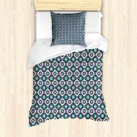 KOZMOS TEKSTİL VE GERİ DÖNÜŞÜM SANAYİ TİCARET LİMİTED ŞİRKETİ ABAKUHAUS Boho Bettbezug Set, Folkloric Marokko Fliesen inspiriert Quadrate mit Blumen, 135 x 200 cm + 80 x 80 cm, Seafoam Dark Blue