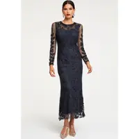 HEINE Jerseykleid "Abendkleid Elegantes Abendkleid mit Stickerei", Damen, Gr. 42, N-Gr, schwarz (marine), Elegant, Rundhals, Kleider Jerseykleid