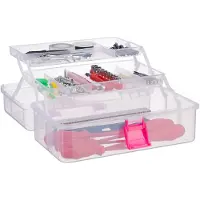 Relaxdays Aufbewahrungsbox 9 Fächer, Sortierbox Bastelmaterial, Künstlerbedarf, HBT 14 x 33 x 19,5 cm, transparent-pink
