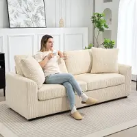 Sweiko 3-Sitzer-Sofa mit Zierkissen, Cordsofa für Wohnzimmer, Schlafzimmer, 212 cm breit, Cremeweiß