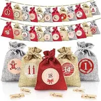 FEELNEEDY DIY Adventskalender Set mit 24 Zakjes und Stickers - Selbstklebende Verpakkingsstickers - Herbruikbare Trekkoordzakjes