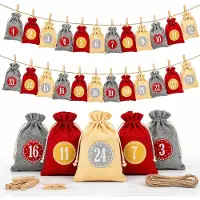 TK Gruppe 24x Set Adventskalender 2026 Säckchen zum Befüllen, Zahlensticker Klammern, DIY-Geschenkverpackung Weihnachten Advent (24x Set mit Säckchen Mod. 2)