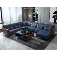 AEA Modern Wohnlandschaft U-Form Couchtisch LED Sofa Set Couch Blau Luxus