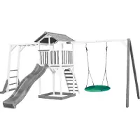 Axi Beach Tower Spielturm aus Holz in Weiß & Grau | Spielhaus für Kinder mit grauer Rutsche, Klettergerüst, Nestschaukel und Sandkasten | Stelzenhaus